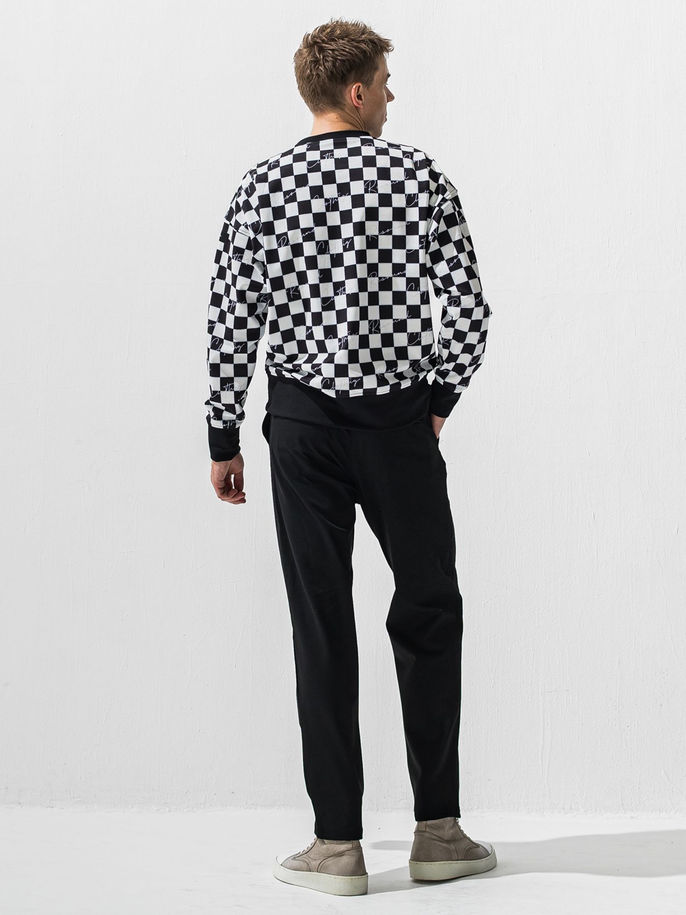 【予約品 9月6日(日) 締切】CHECKER BACK FLEECE TRAINER / 裏起毛 ルーズトレーナー / ホワイト×ブラック