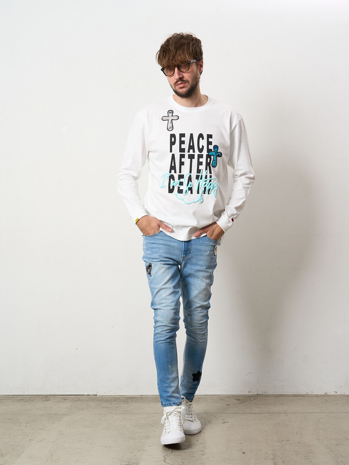 【予約品 5月8日(木) AM10時 締切】 5.6ozコットン天竺 PEACE AFTER DEATH&クロスパッチワーク LS Tシャツ / ホワイト