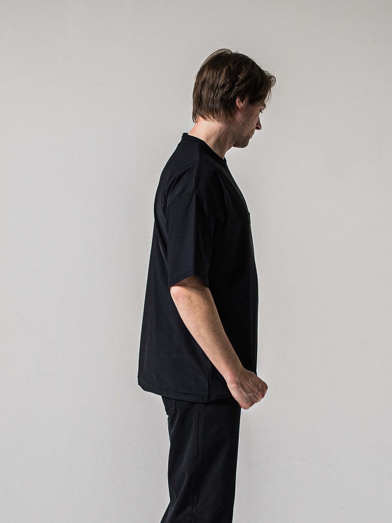 【予約品 11月16日(日) 締切】LEATER POCKET OVER NYLON T / エコレザーポケット ルーズTシャツ / ブラック