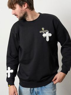 【予約品 5月8日(木) AM10時 締切】 TC裏毛起毛 ロゴクロス発泡プリント&クロスパッチワーク スウェットシャツ / ブラック