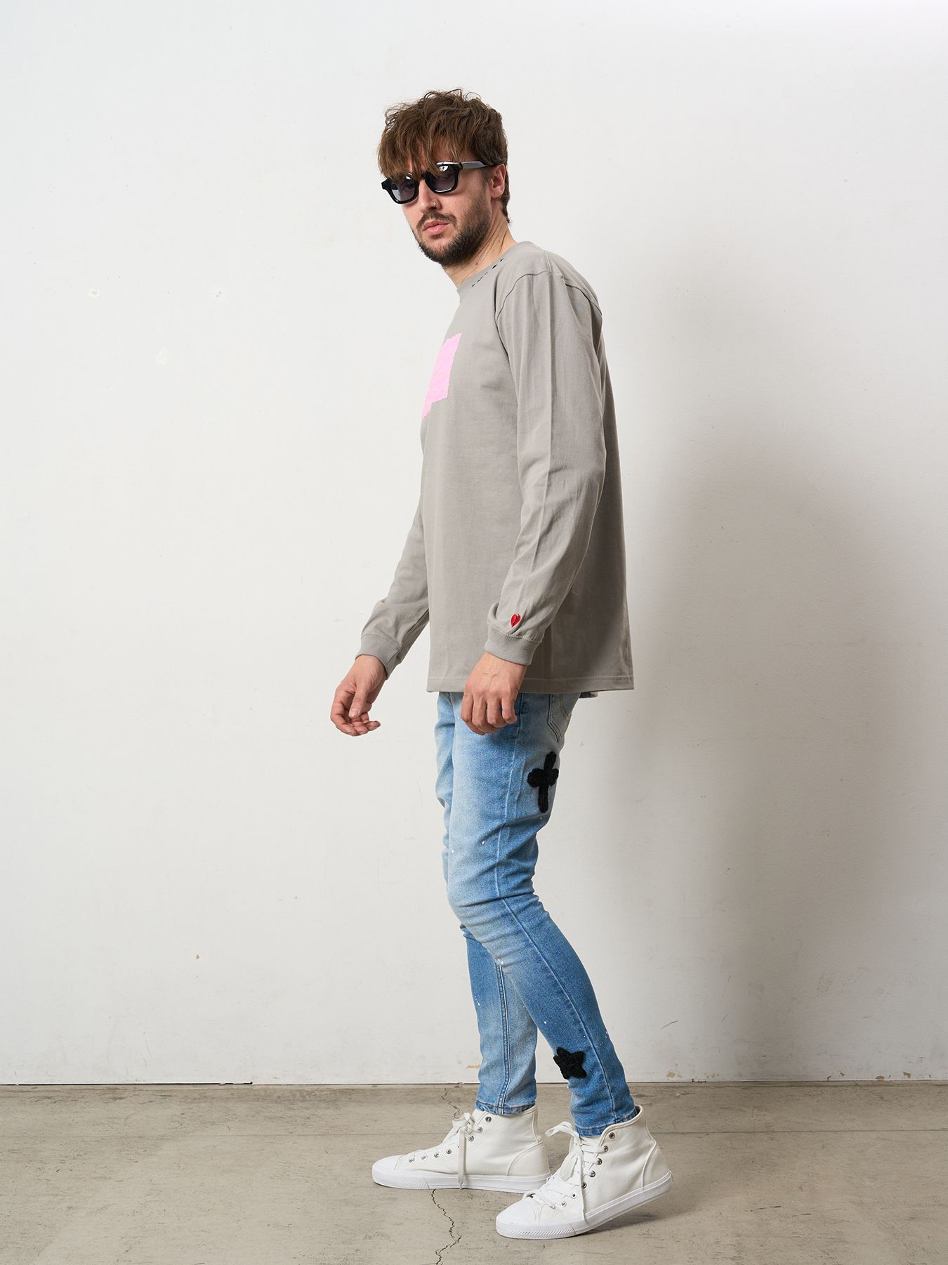 【予約品 5月8日(木) AM10時 締切】 5.6ozコットン天竺 ボックスロゴ発泡プリントLS Tシャツ / チャコールグレー