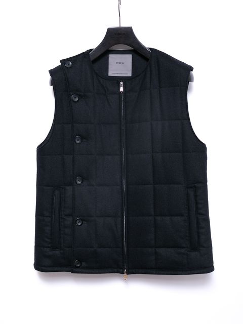 【予約品 4月6日(月) 締切】Stretch recycled wool cashmere blend Twill Quilted Track Vest / カシミア混 ストレッチ リサイクルウール ツイル 高機能中綿トラックベスト / ブラック