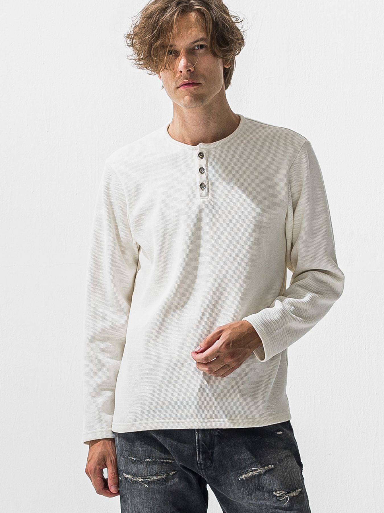 【予約品 9月6日(日) 締切】VELOURS FLEECE THERMAL HENRY / 裏起毛 ハニカムサーマル ヘンリーネック / ホワイト