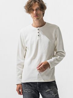 【予約品 9月6日(日) 締切】VELOURS FLEECE THERMAL HENRY / 裏起毛 ハニカムサーマル ヘンリーネック / ホワイト