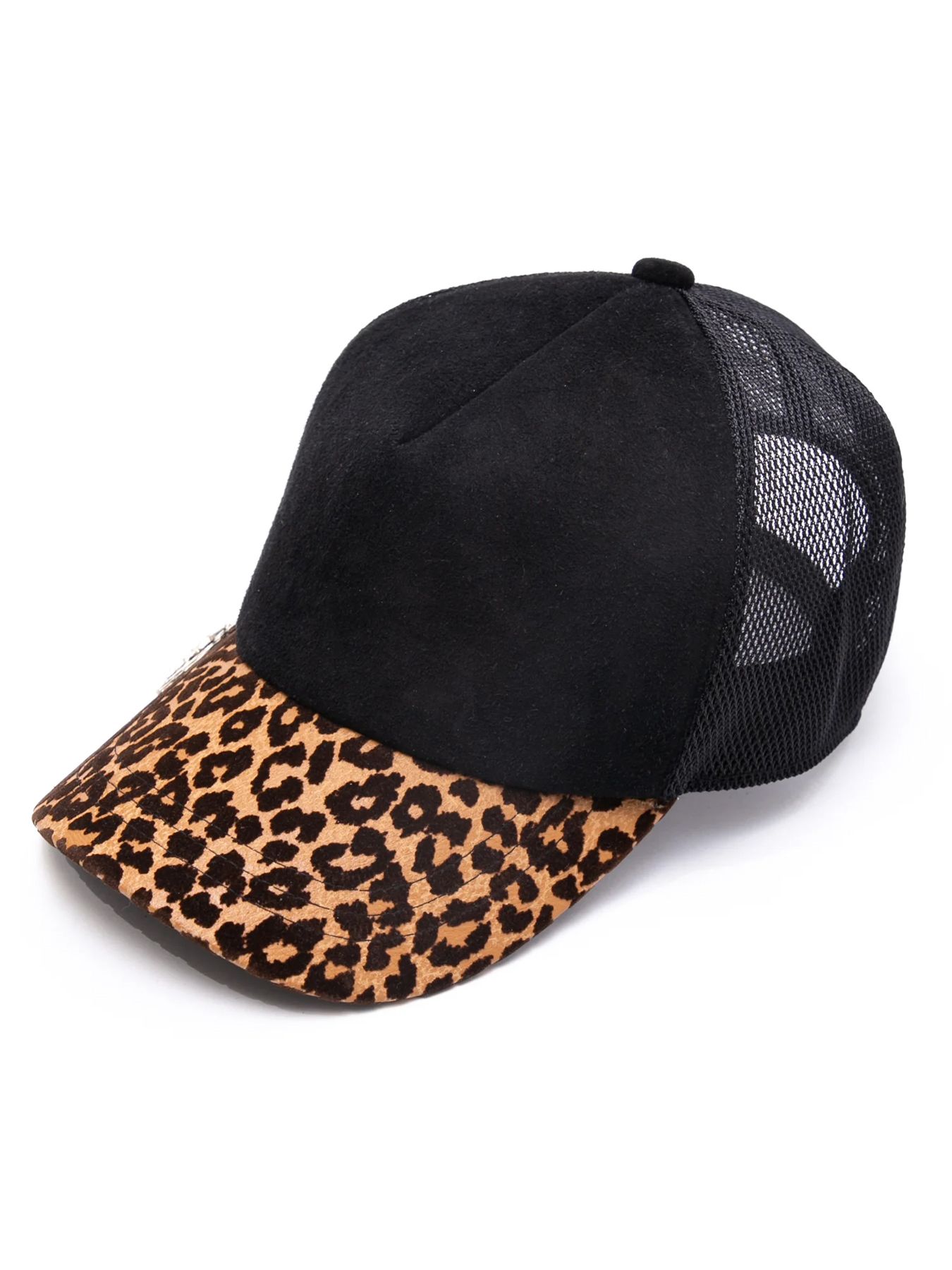 ディア スエード × 豹柄フロッキープリント ピッグ スエード レザーキャップ / BLACK × LEOPARD
