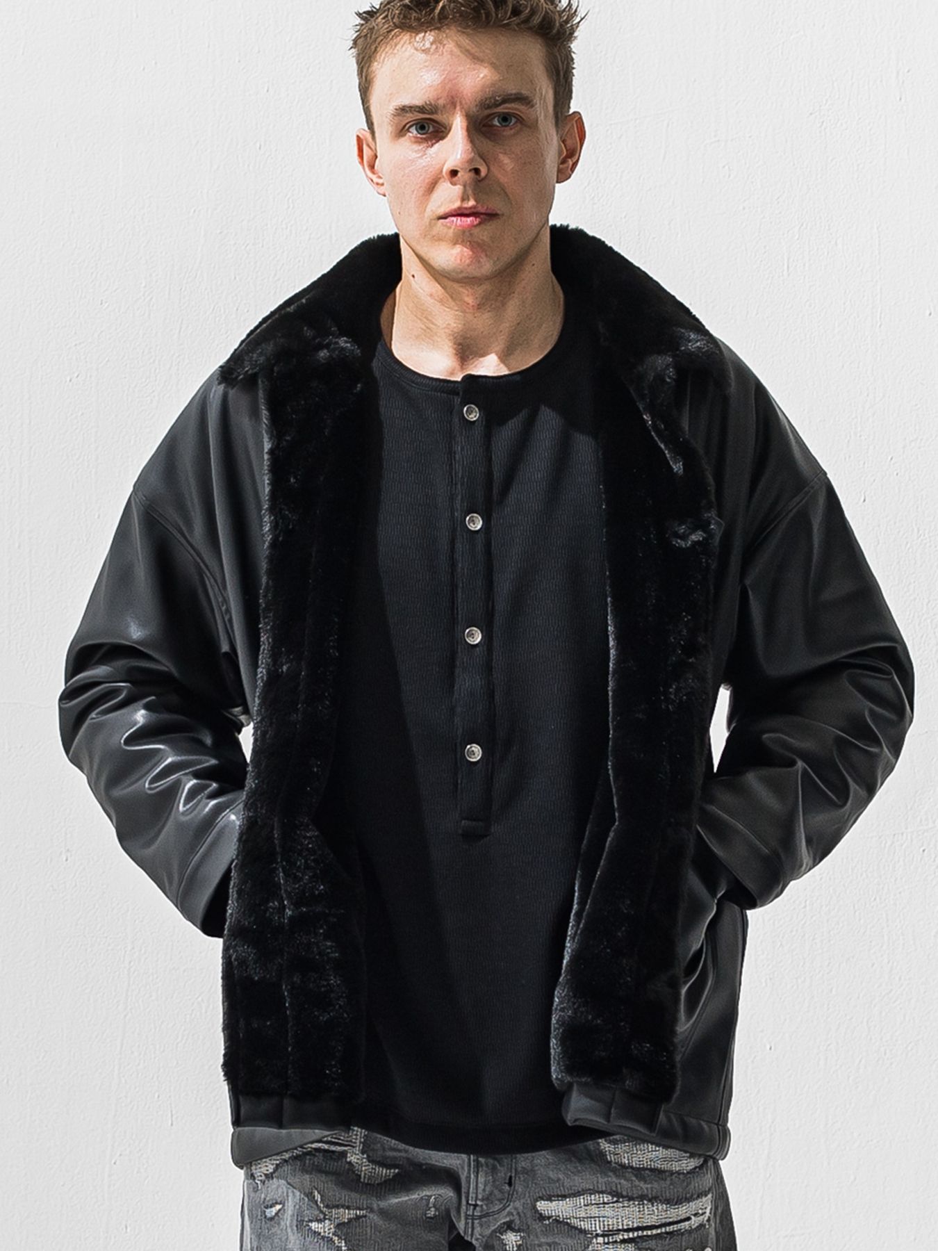 【予約品 9月6日(日) 締切】LEATHER FUR COVERALL / レザー ファー カバーオール / ブラック