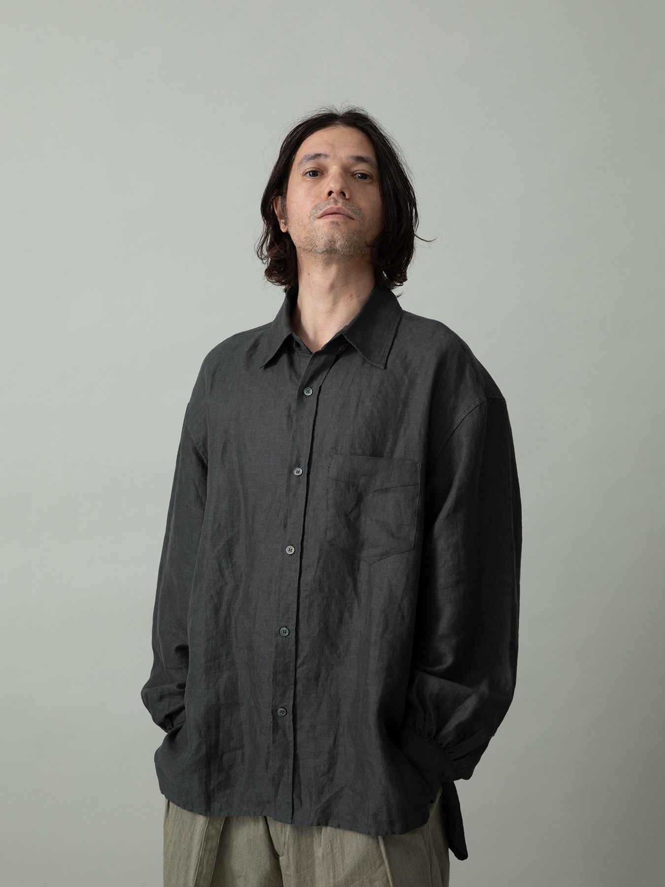 【予約品 2月1日(日) 締切】GATHERLINEN SHIRTS / リネンシャツ / チャコール