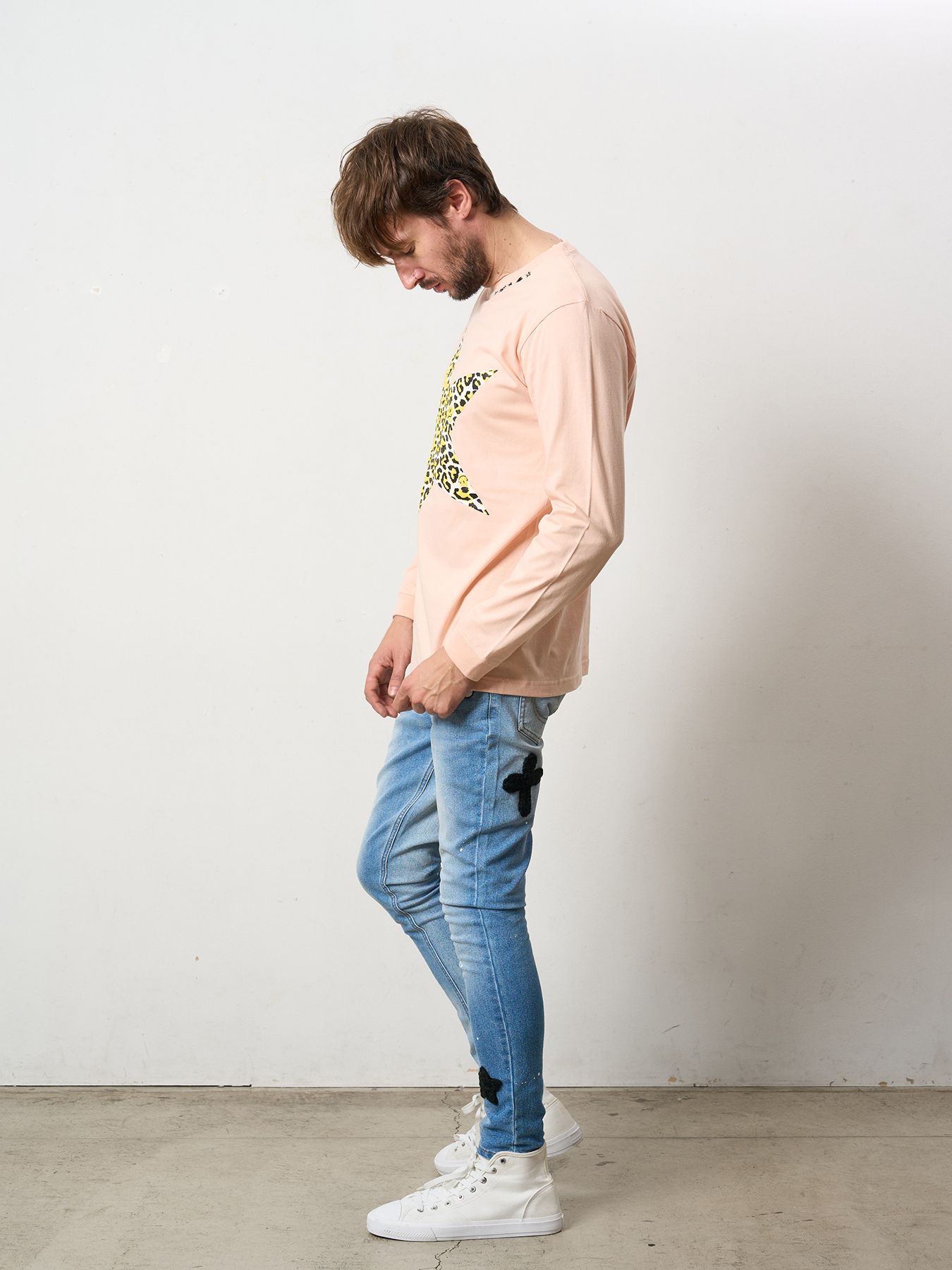 【予約品 5月8日(木) AM10時 締切】 5.6ozコットン天竺 レオパードスタースマイル発泡プリント LS Tシャツ / ペールピンク