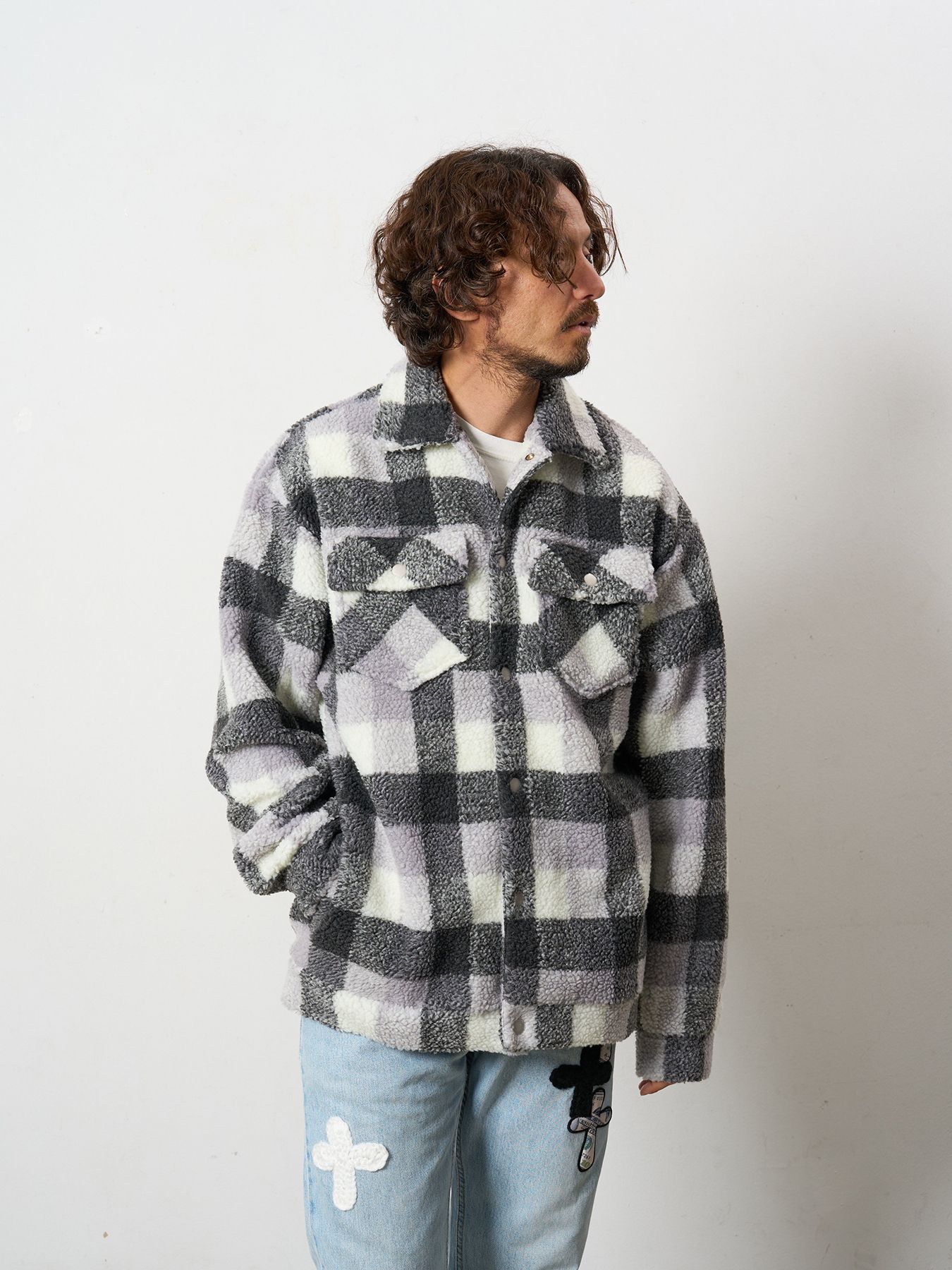 【予約品 】 ブロックチェックムックボア サガラパッチワークブルゾン / M.グレー