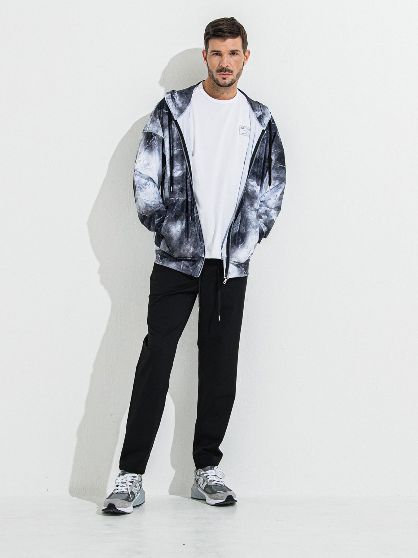 【予約品 】RASH OVER ZIPUP HOODIE / ラッシュガード オーバーサイズジップアップパーカー / マーブルブラック
