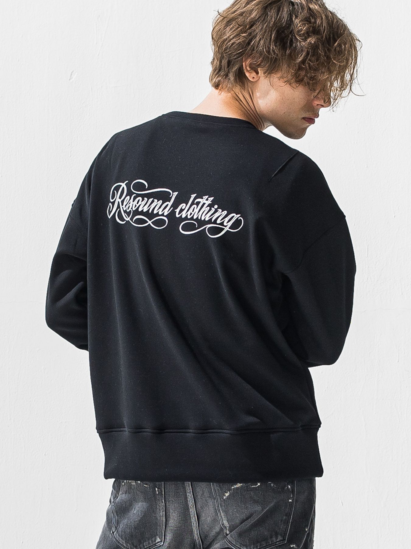 【予約品 9月6日(日) 締切】PIN ST RC VELOURS FLEECE DROP TRAINER / ピンストライプロゴ 裏起毛 ルーズトレーナー / ブラック
