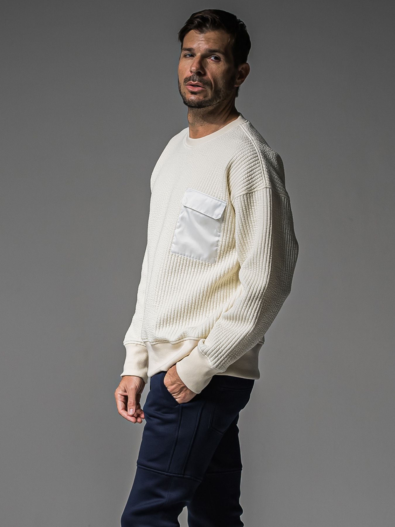 【予約品 】STRIPE QUILTING DROP TRAINER / ストライプキルティング ルーズトレーナー / オフ