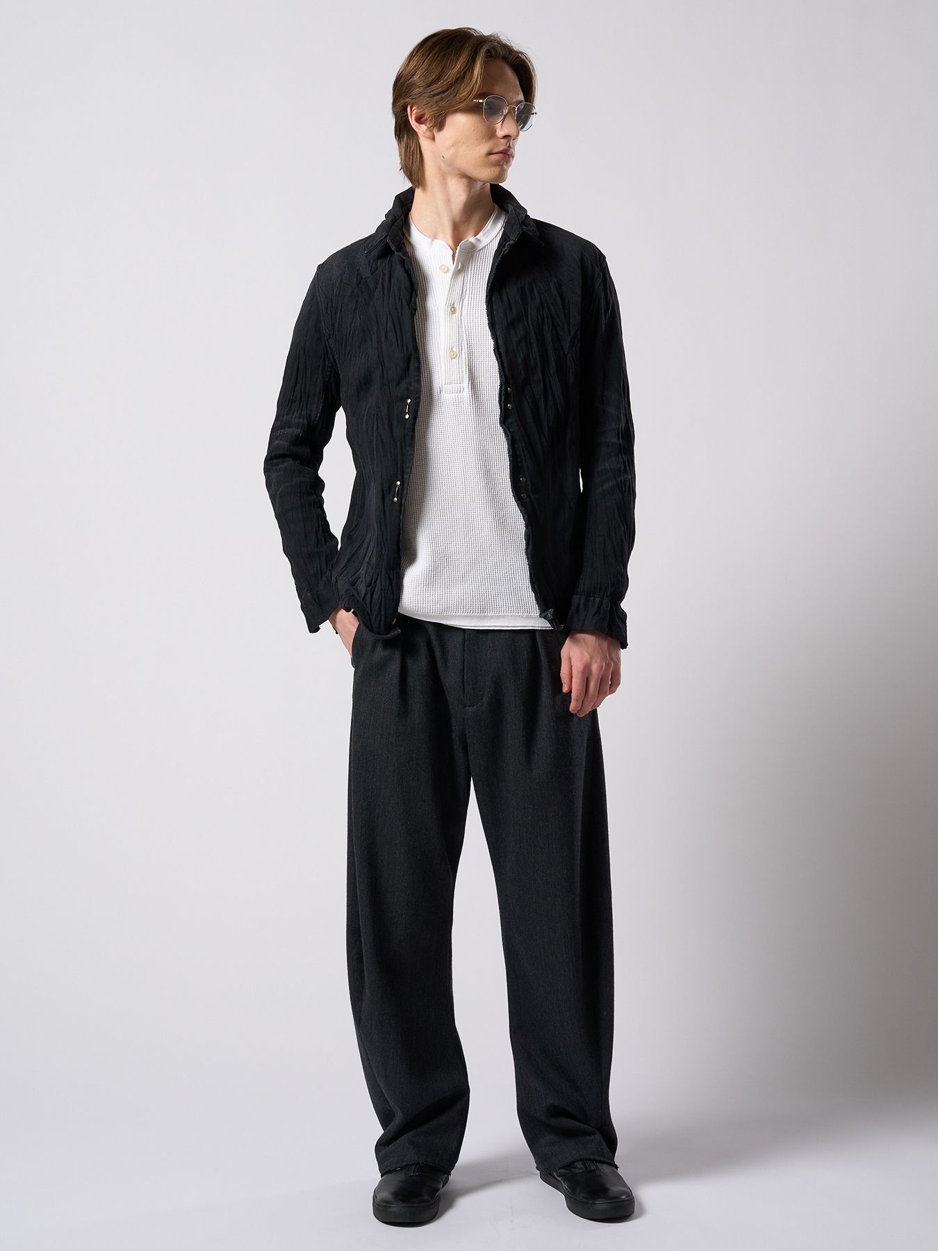 【予約品 4月19日(日) 18時締切】venetian stripe wide banana slacks / ヴェネツィアン ストライプ ワイドバナナスラックス / チャコール