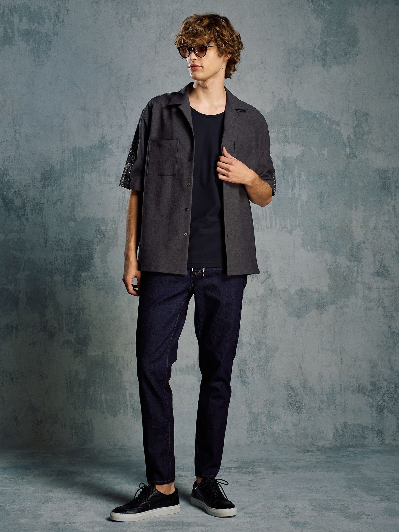 【予約品 1月25日(日) 締切】bandana print panel open shirt / バンダナプリントパネル オープンカラーシャツ / ブラック