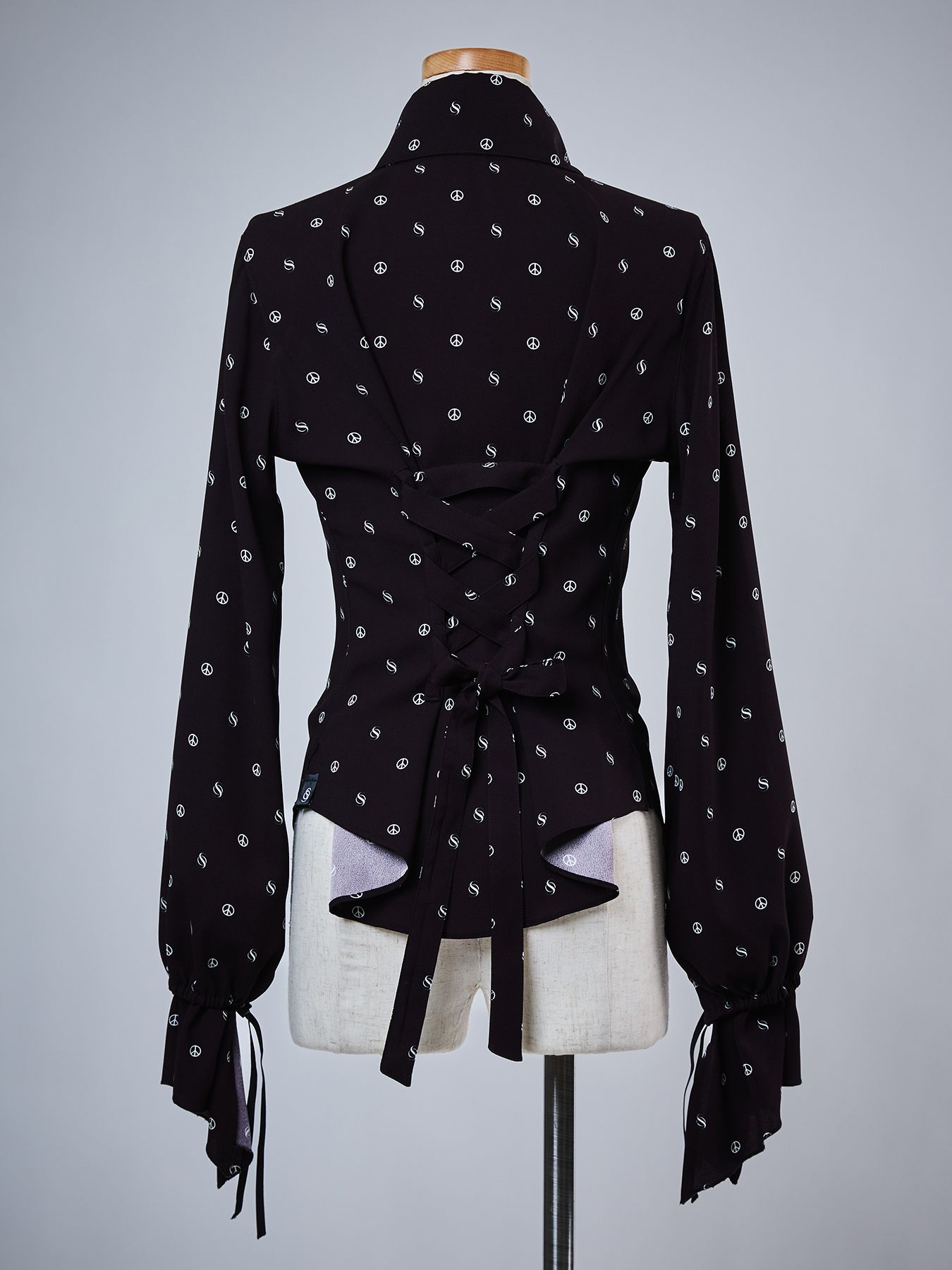 【予約品 4月26日(日) 締切】Peace Dot Lace Up Frill Shirt / ピースドット レースアップ フリルシャツ / ブラック