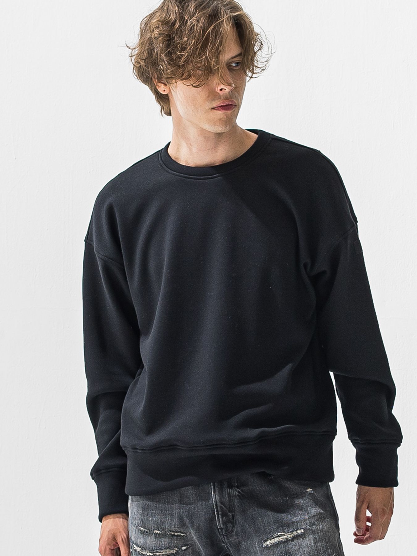 【予約品 9月6日(日) 締切】PIN ST RC VELOURS FLEECE DROP TRAINER / ピンストライプロゴ 裏起毛 ルーズトレーナー / ブラック