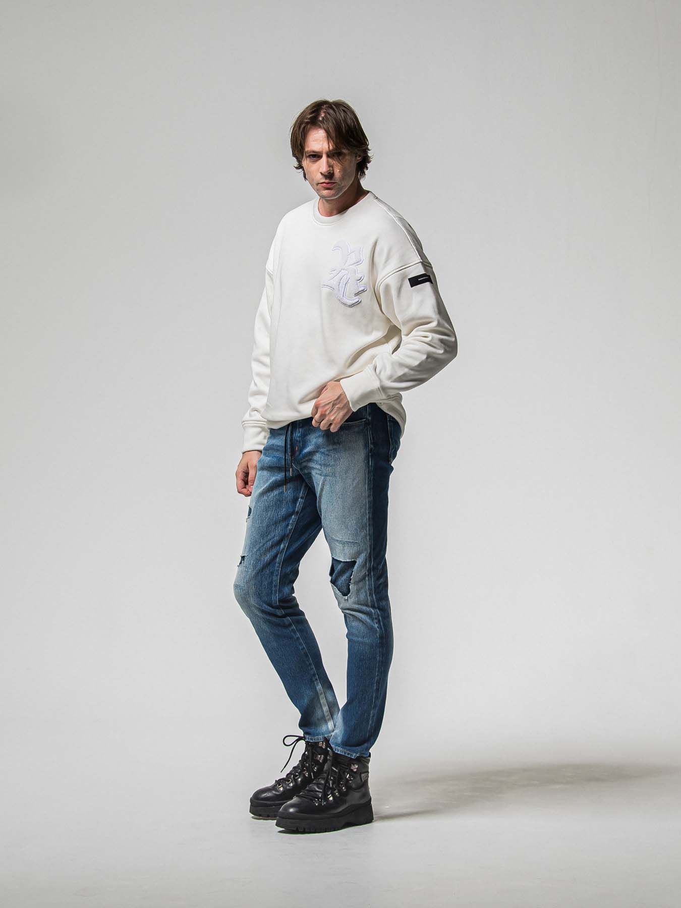 【予約品 8月31日(日) 締切】RC CHENILLE VELOURS FLEECE DROP TRAINER / RCサガラ刺繍ワッペン ベロアフリース ドロップショルダートレーナー / ホワイト