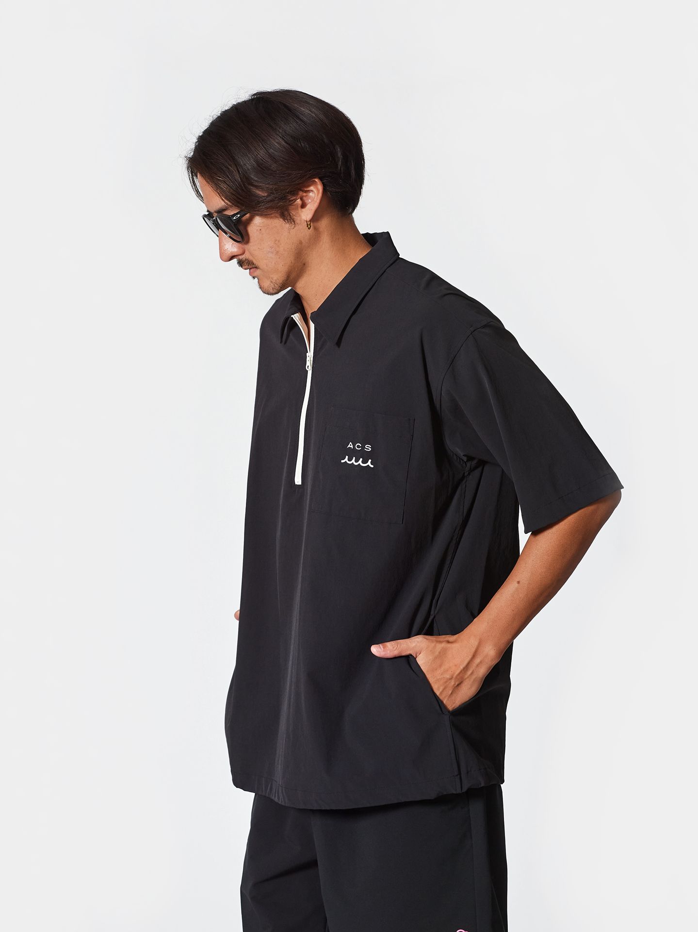 muta Half ZIP S/S Shirt / 撥水加工プルオーバーシャツ / ブラック 【Acanthus×muta】