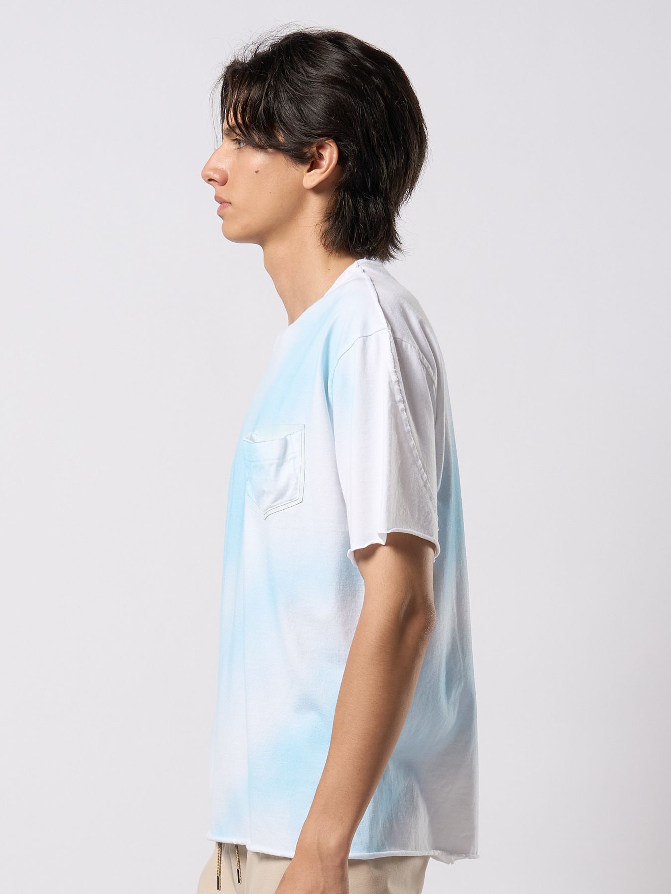 【予約品 9月23日(火) 締切】spray dye leather pocket-T / スプレーダイ レザーポケットTシャツ / ホワイト×ブルー