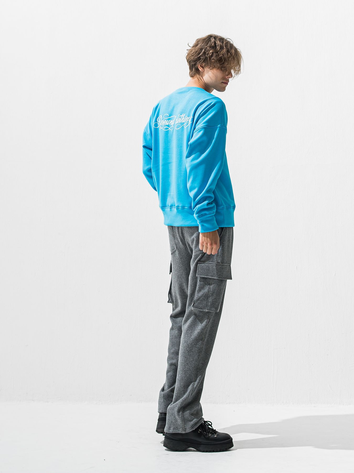 【予約品 9月6日(日) 締切】PIN ST RC VELOURS FLEECE DROP TRAINER / ピンストライプロゴ 裏起毛 ルーズトレーナー / ブルー