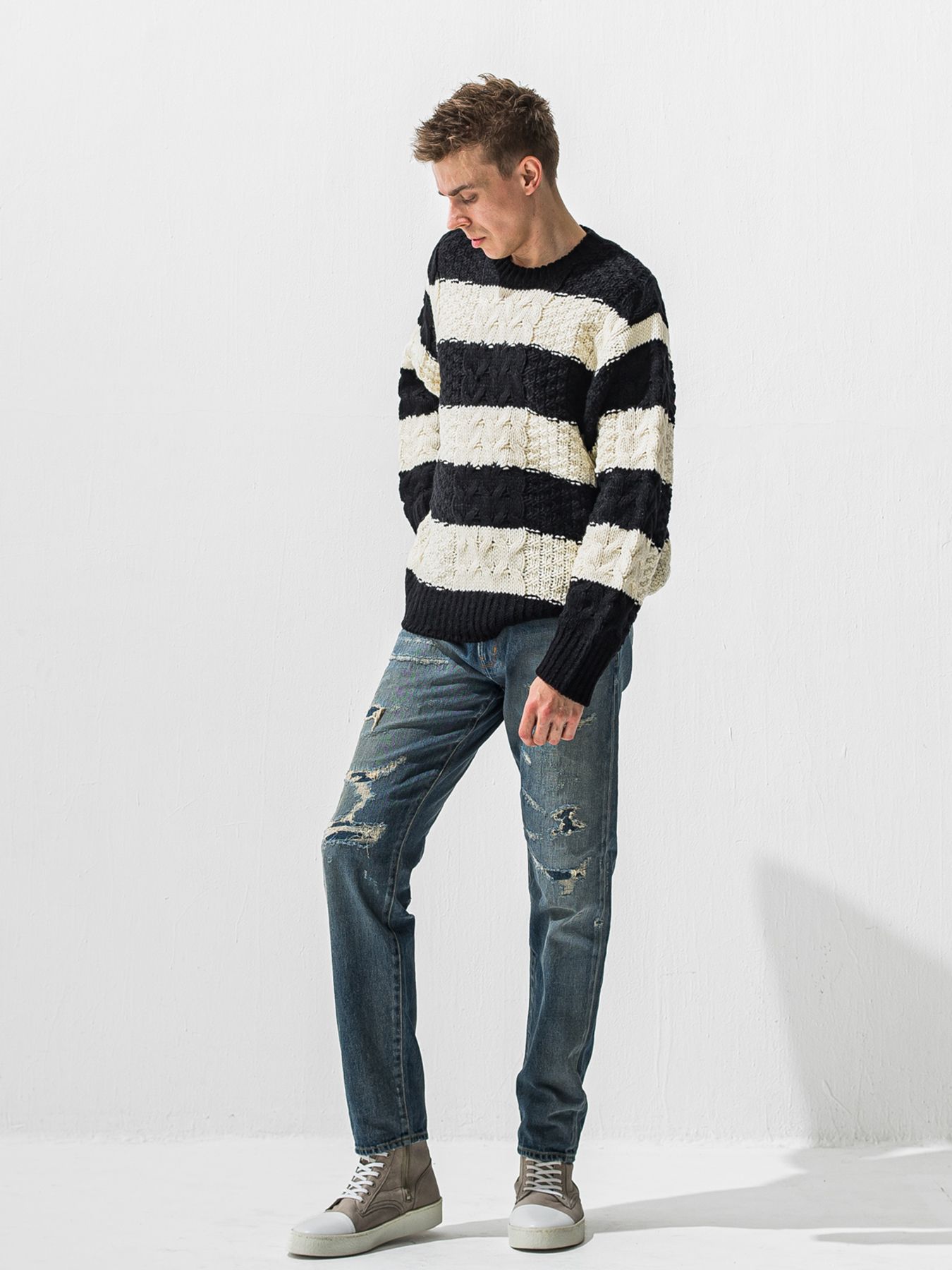 【予約品 9月6日(日) 締切】CABLE LAW SWEATER / ケーブル編みローゲージセーター / ブラック×ホワイト