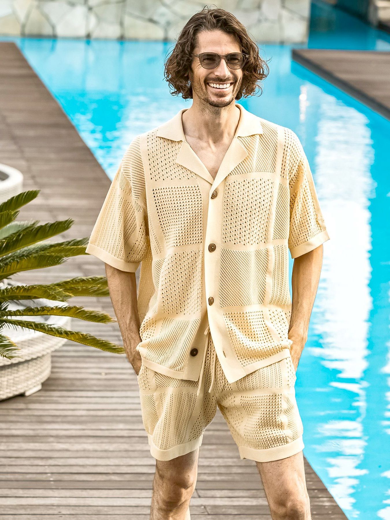 ブロックメッシュニットオープンカラーシャツ / ホワイト