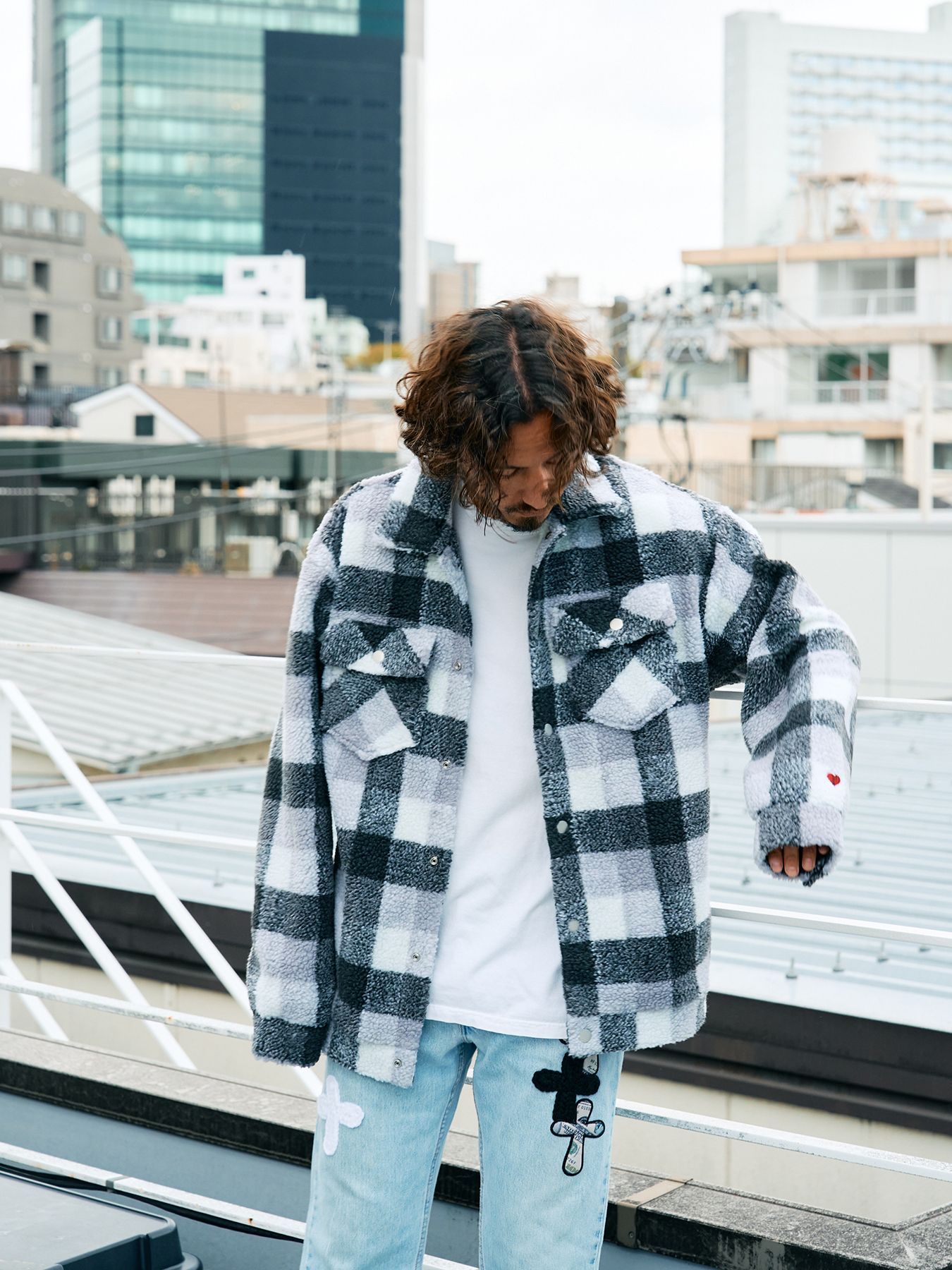 【予約品 】 ブロックチェックムックボア サガラパッチワークブルゾン / M.グレー