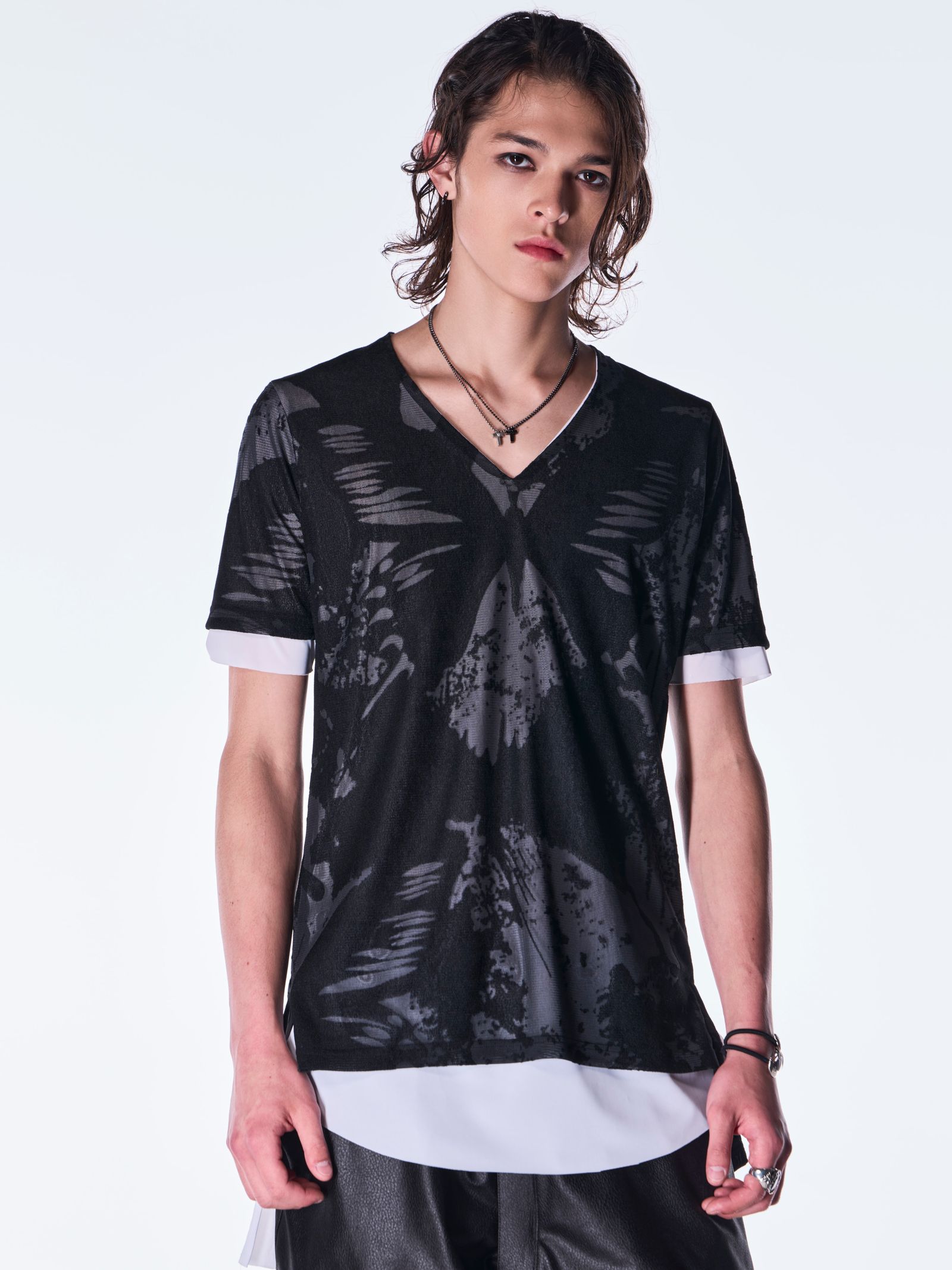 【予約品 6月29日(月) 締切】Opal Mesh Layered T-Shirt / オパールメッシュ レイヤード Tシャツ / ブラック×ホワイト