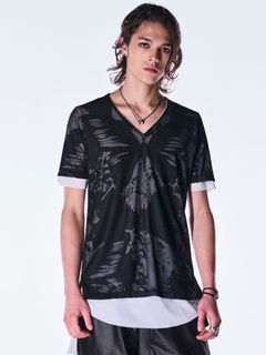 【予約品 6月29日(月) 締切】Opal Mesh Layered T-Shirt / オパールメッシュ レイヤード Tシャツ / ブラック×ホワイト