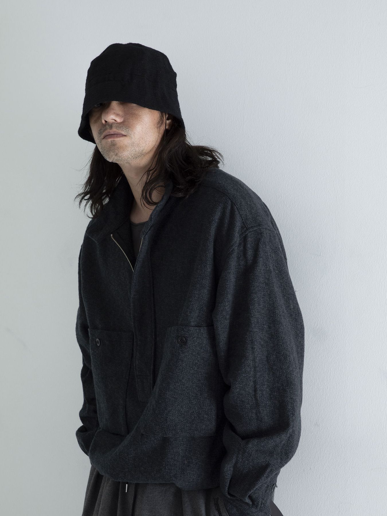 【予約品 】STANDPULL / ジッププルオーバーシャツ / チャコール× ブラック