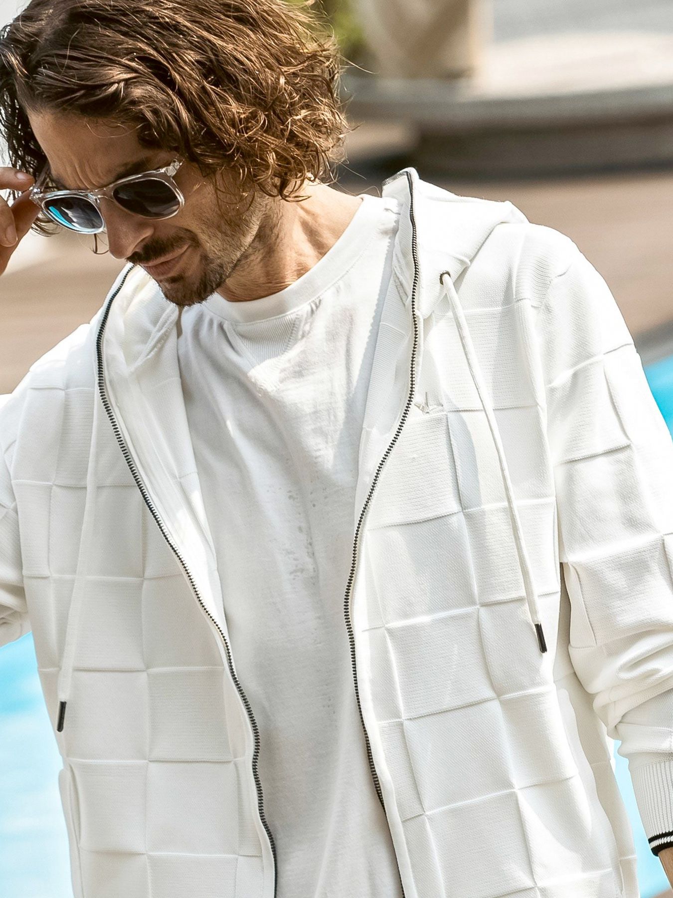 ブロックニットジップアップフーディー / ホワイト