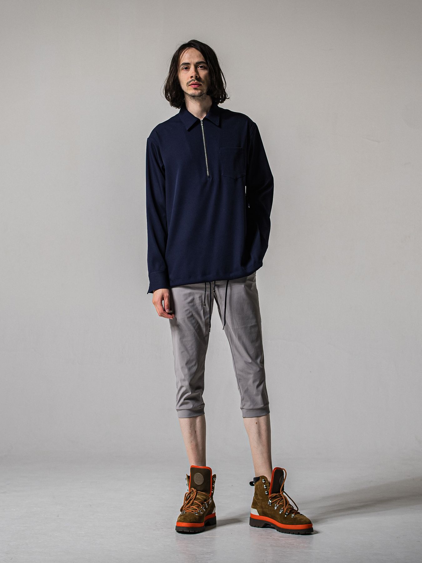 【予約品 11月16日(日) 締切】PULL OVER SATIN SHIRT / ジッププルオーバー サテンシャツ / ネイビー