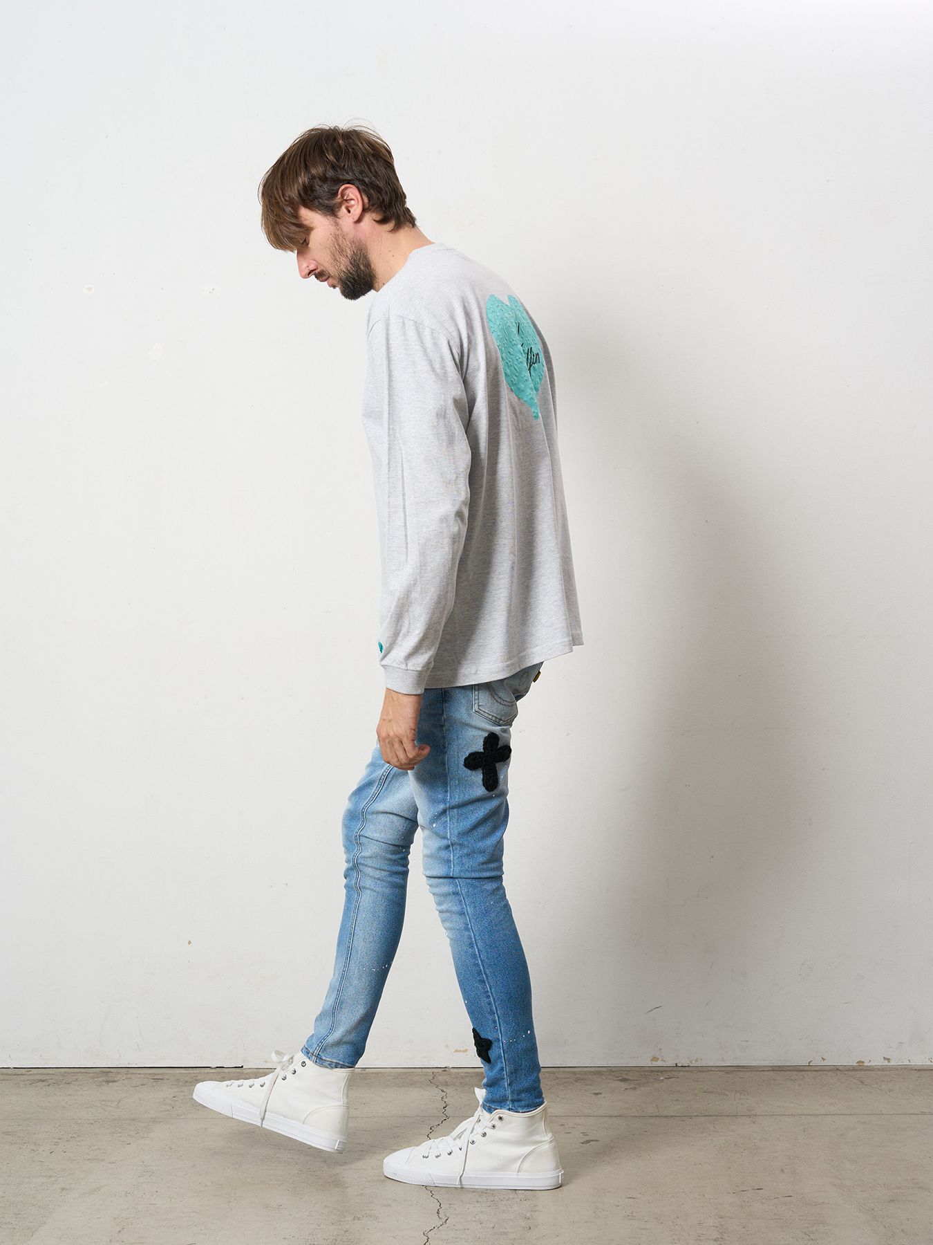 【予約品 5月8日(木) AM10時 締切】 5.6ozコットン天竺 スターグラムハート＆シークインLS Tシャツ / アッシュ