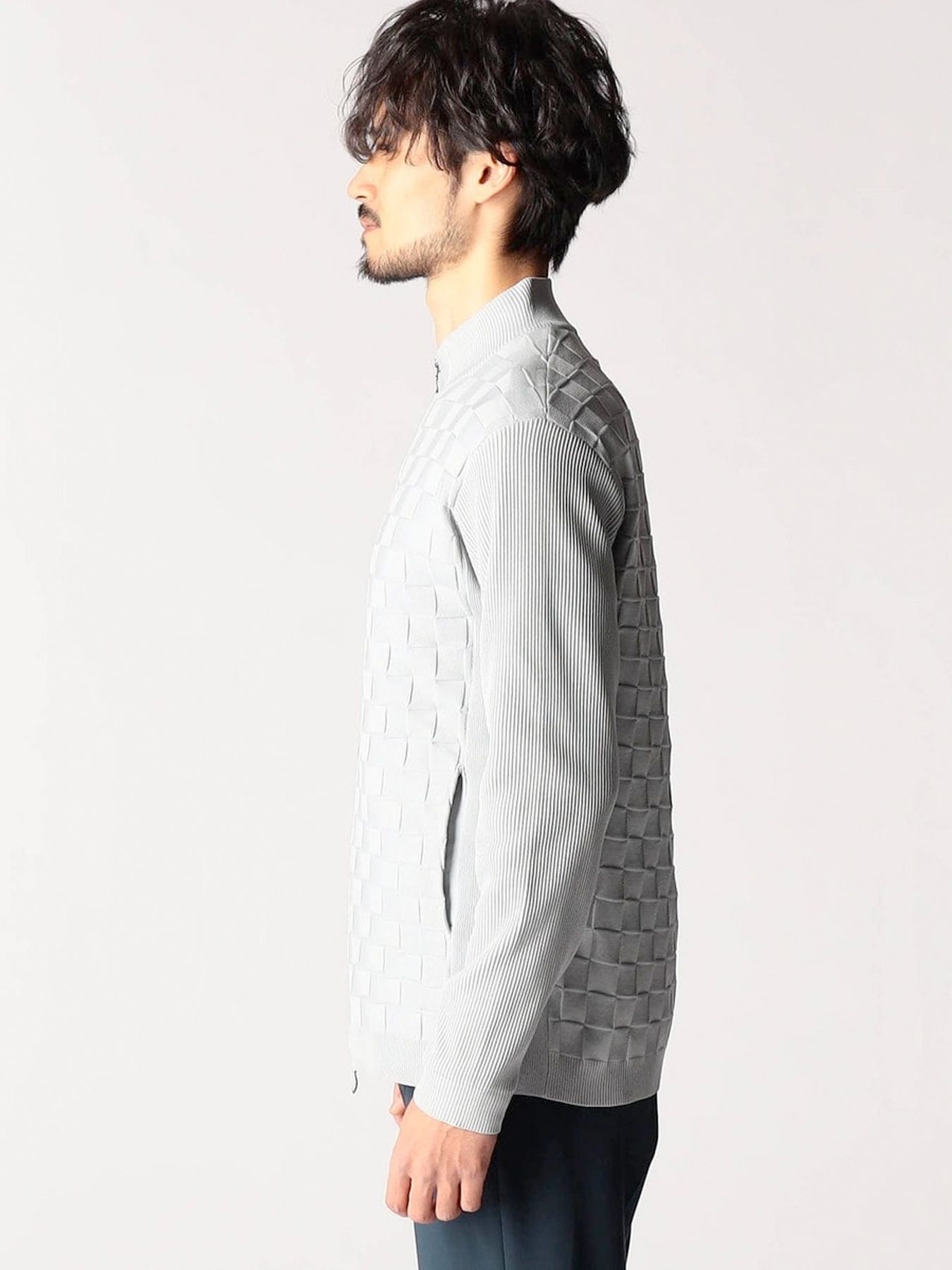 ブロックチェックニットブルゾン / ホワイト 【NICOLE CLUB FOR MEN】