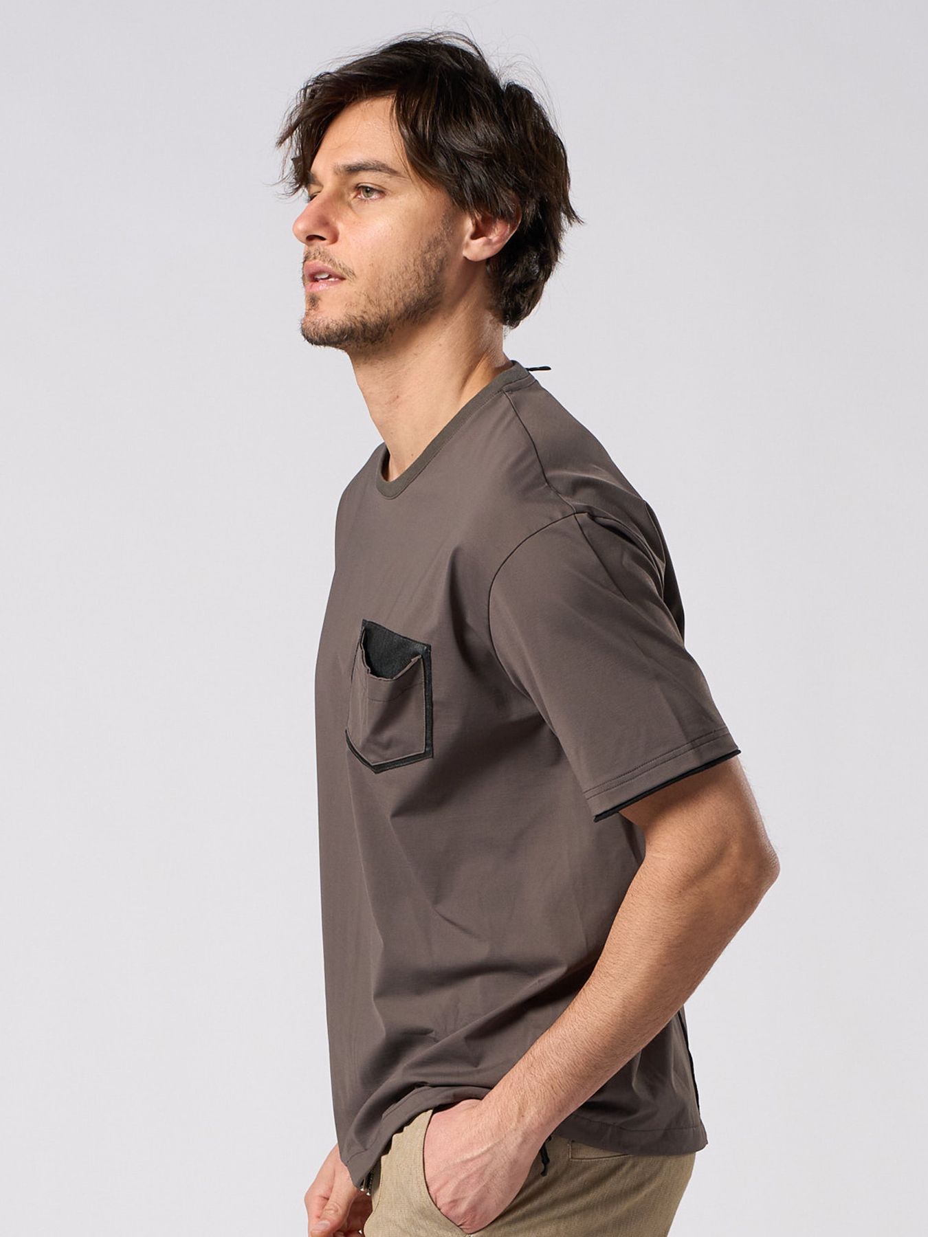 【予約品 1月25日(日) 締切】drawstring leather pocket S/S / ドローストリング レザーポケット ショートスリーブ / チャコール