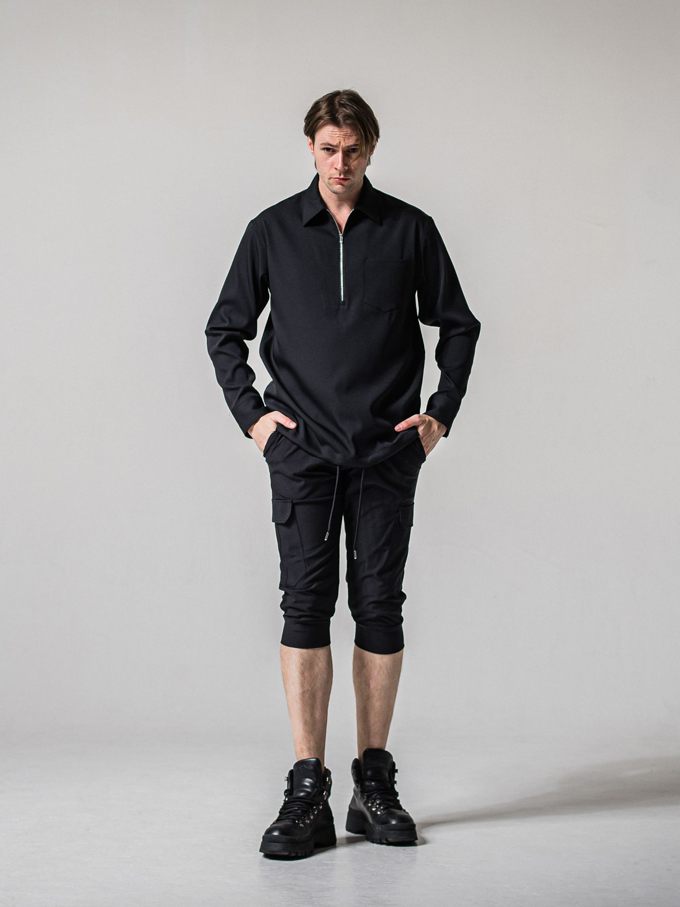 【予約品 11月16日(日) 締切】PULL OVER SATIN SHIRT / ジッププルオーバー サテンシャツ / ブラック