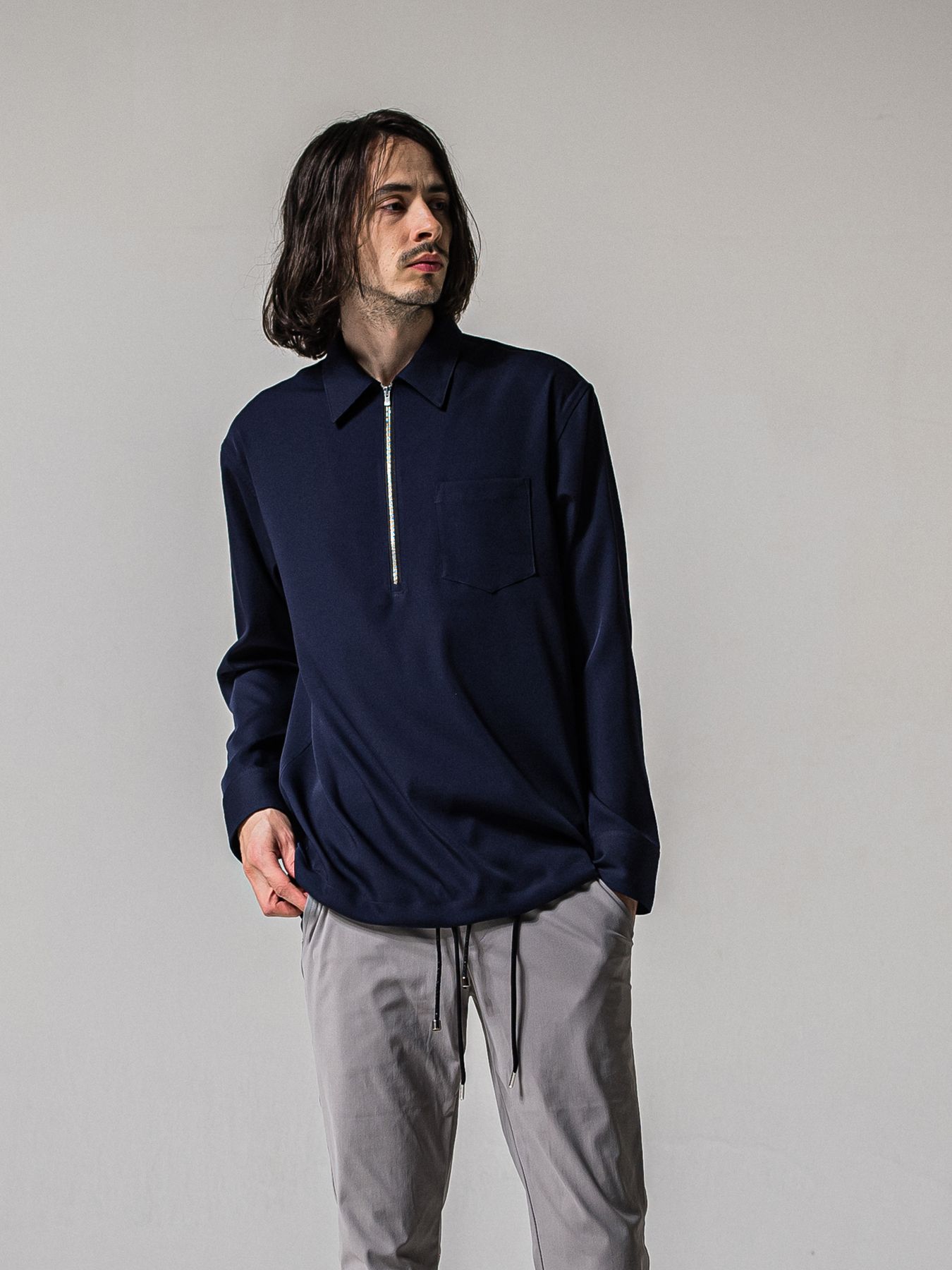 【予約品 11月16日(日) 締切】PULL OVER SATIN SHIRT / ジッププルオーバー サテンシャツ / ネイビー