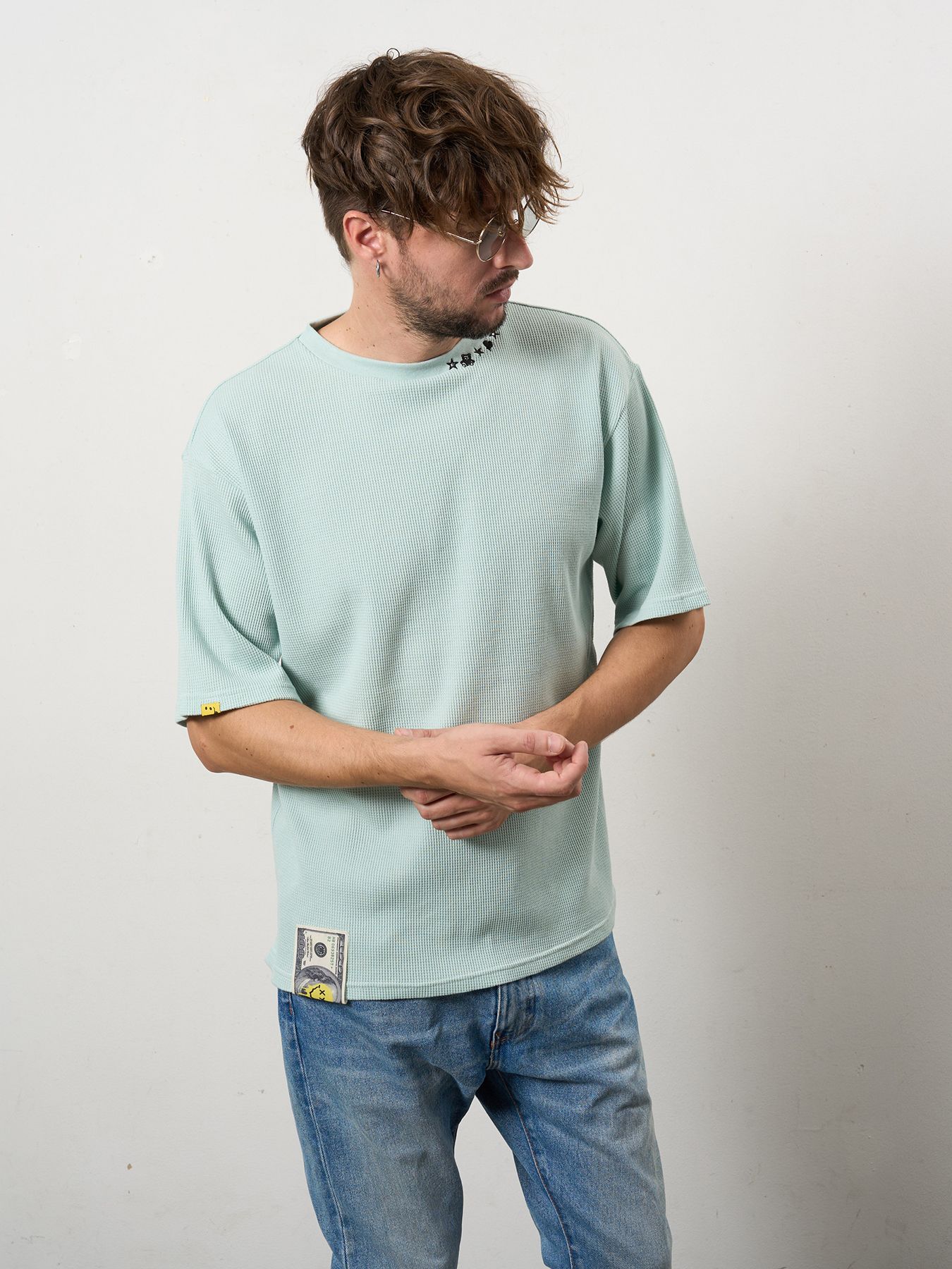 【予約品 10月16日(木) 締切】コットンヘビーワッフル ワンポイント刺繍 オーバーサイズSSシャツ / ミント