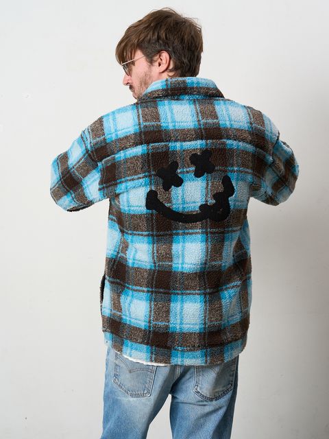 【予約品 】 ブロックチェックムックボア サガラパッチワークブルゾン / ブルー