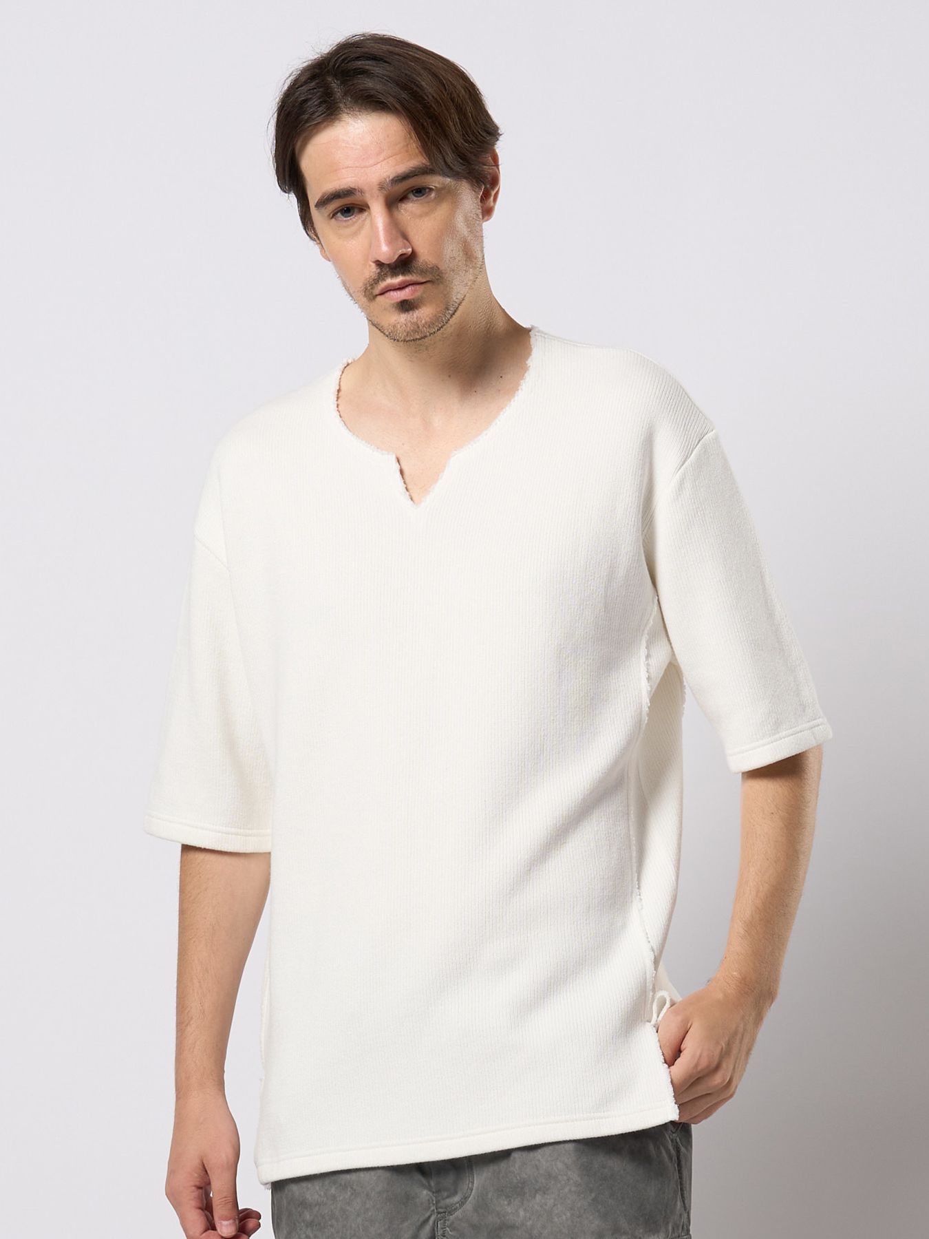 【予約品 9月23日(火) 締切】quarter-knit key neck H/S / クォーターニット キーネック ハーフスリーブ / ホワイト