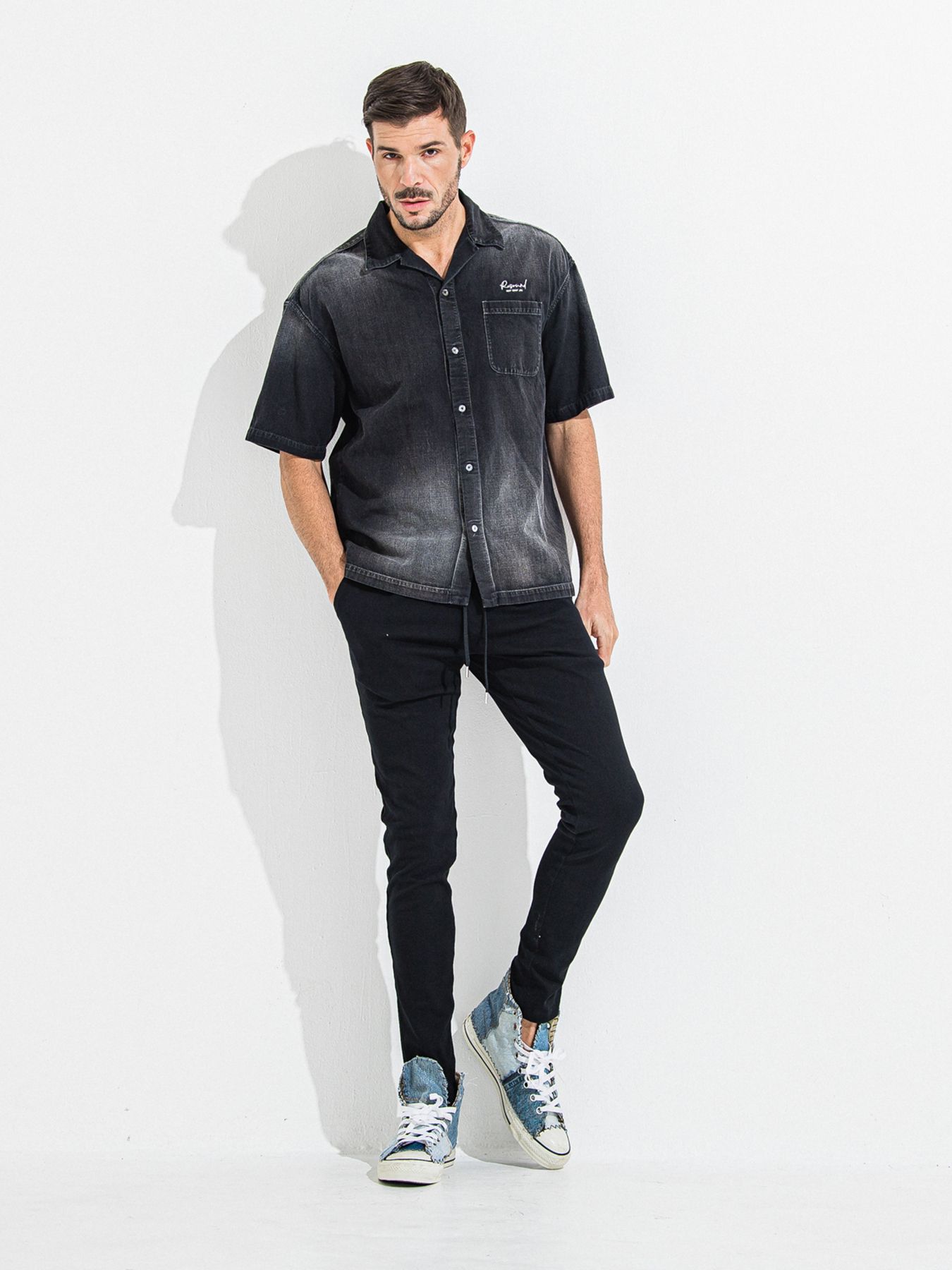 【予約品 】ZACK HALF DENIM SHIRT / ザックハーフスリーブデニムシャツ / ブラックプリント