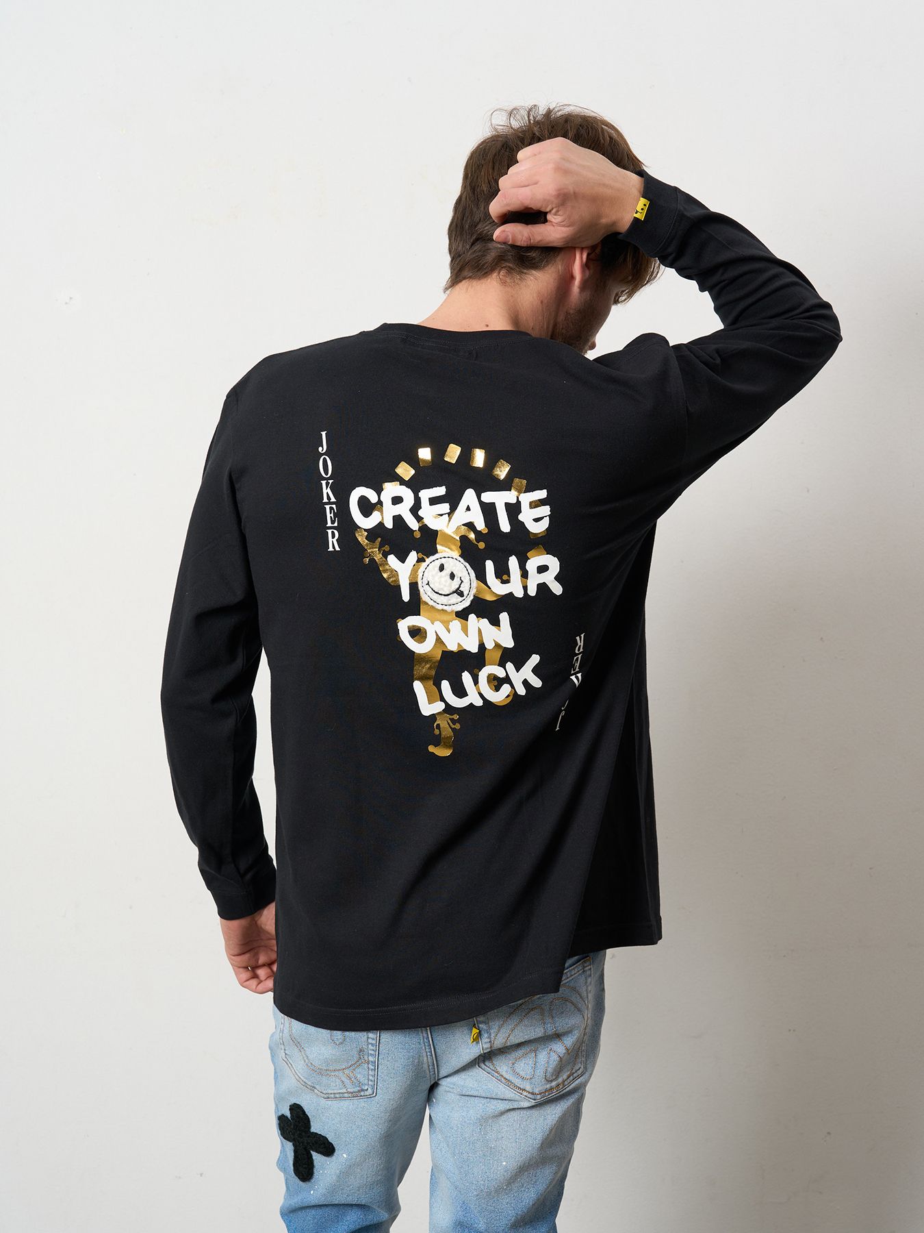 【予約品 5月8日(木) AM10時 締切】 5.6ozコットン天竺 CREATE YOUR OWN LUCK&マルチパッチワーク LS Tシャツ / ブラック
