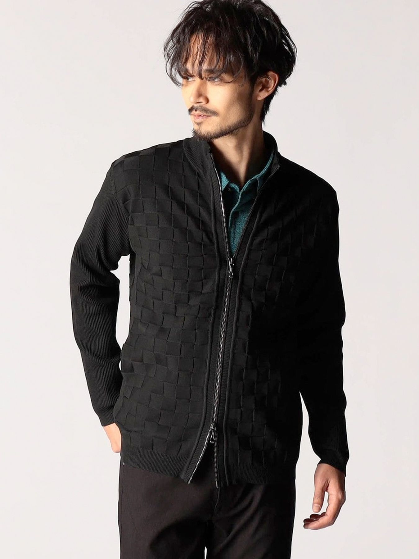 ブロックチェックニットブルゾン / ブラック 【NICOLE CLUB FOR MEN】