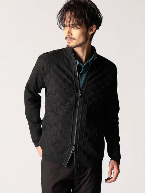 ブロックチェックニットブルゾン / ブラック 【NICOLE CLUB FOR MEN】