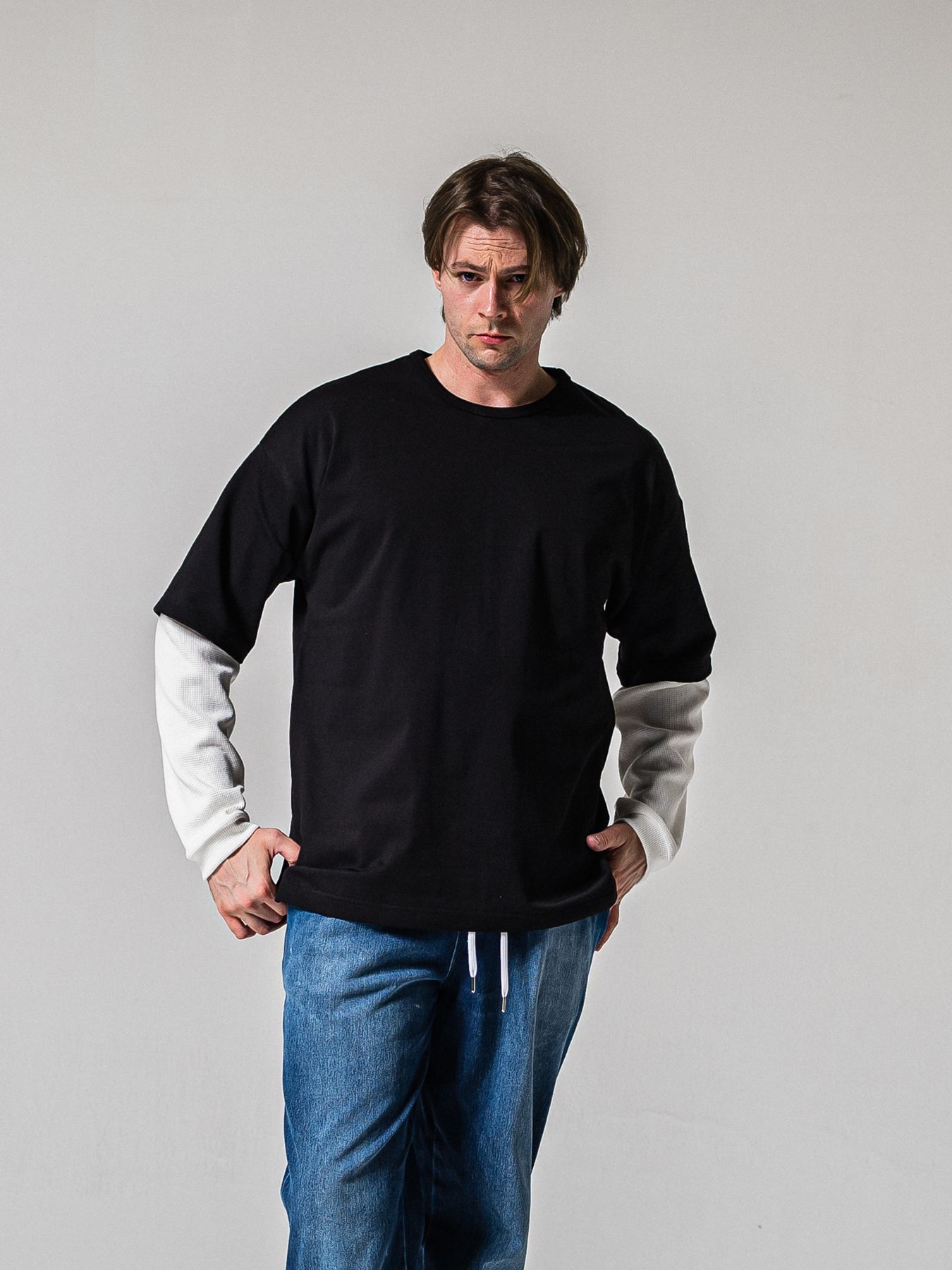 【予約品 11月16日(日) 締切】FAKE LAYERED WAFFLE LONGSLEEVE / フェイクレイヤード ワッフル ロングスリーブTシャツ / ブラック×ホワイト