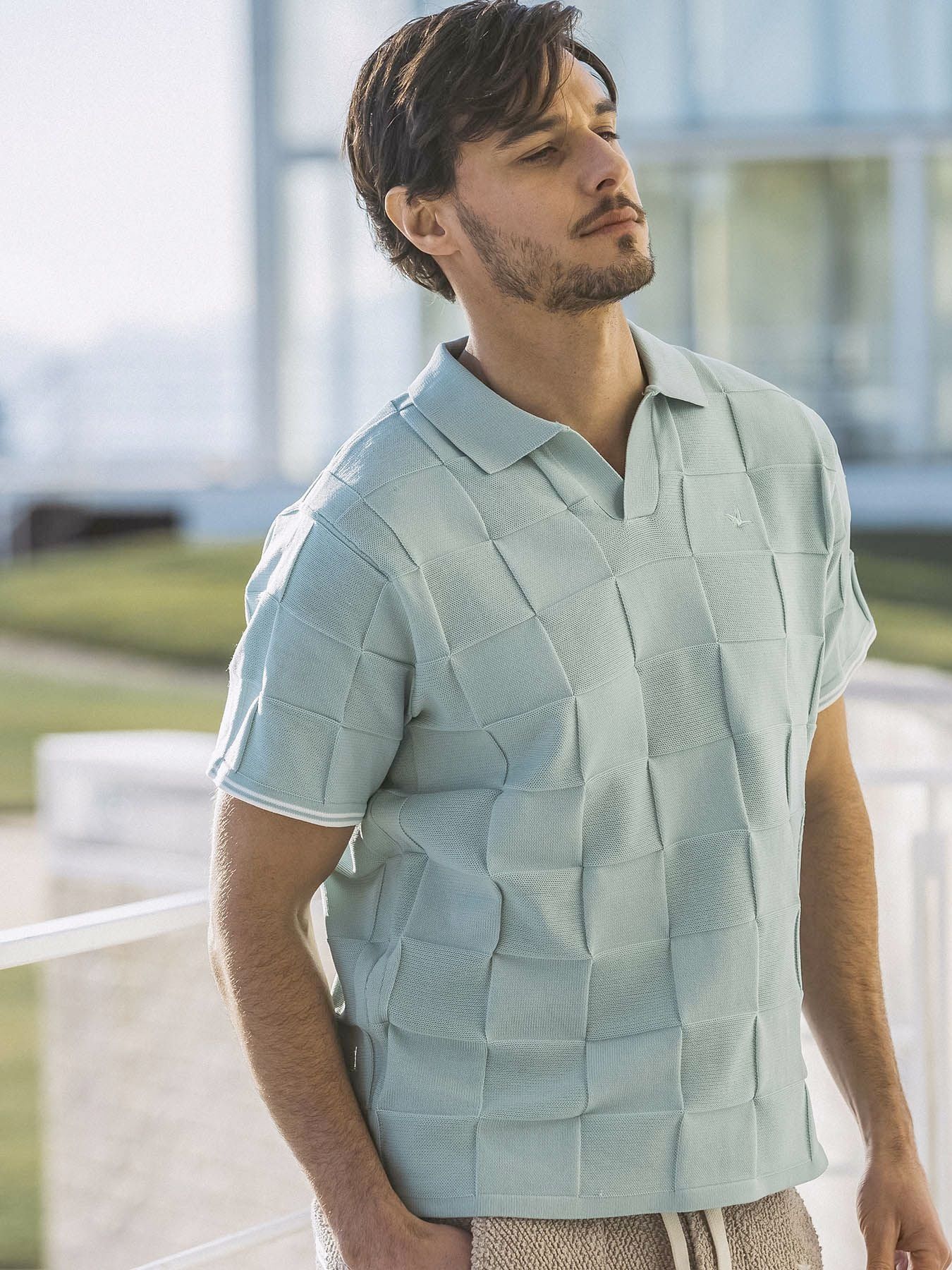 ブロックニット半袖ポロシャツ / サックス