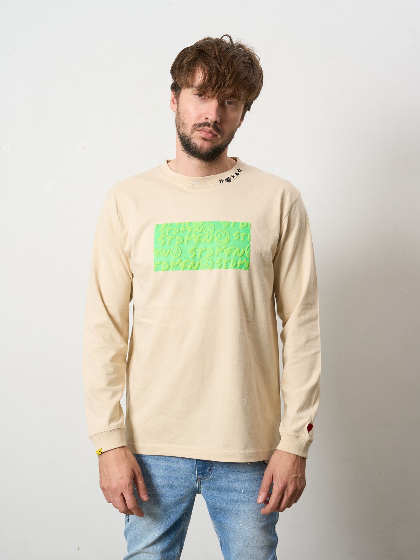 【予約品 5月8日(木) AM10時 締切】 5.6ozコットン天竺 ボックスロゴ発泡プリントLS Tシャツ / ベージュ