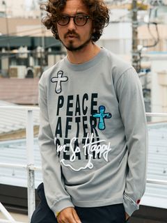 【予約品 5月8日(木) AM10時 締切】 5.6ozコットン天竺 PEACE AFTER DEATH&クロスパッチワーク LS Tシャツ / チャコールグレー