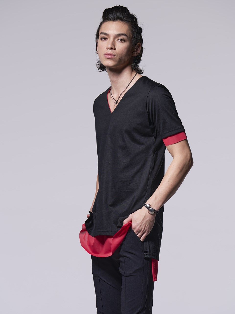 《予約品》 -Shirt T-Shirt / レイヤードTシャツ / ブラック・レッド