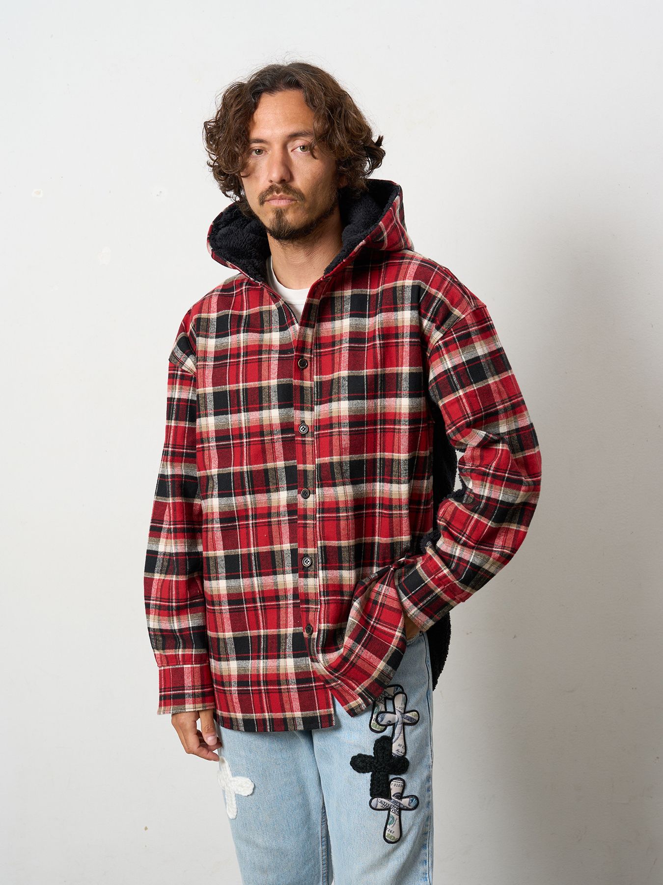 【予約品 】 ヘビーネルチェック-ボア レザースター&サガラパッチワーク フーデッドシャツ / ブラック